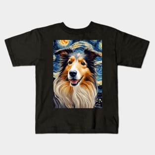 Adorable Collie Dog Breed Painting in a Van Gogh Starry Night Art Style Kids T-Shirt